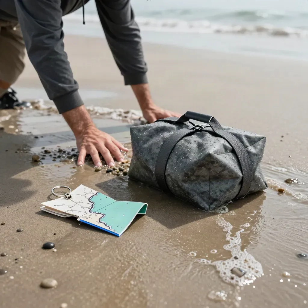 Stone-gray SEO cleanup kit in wet sand by the tide, with mist and a blue glint.