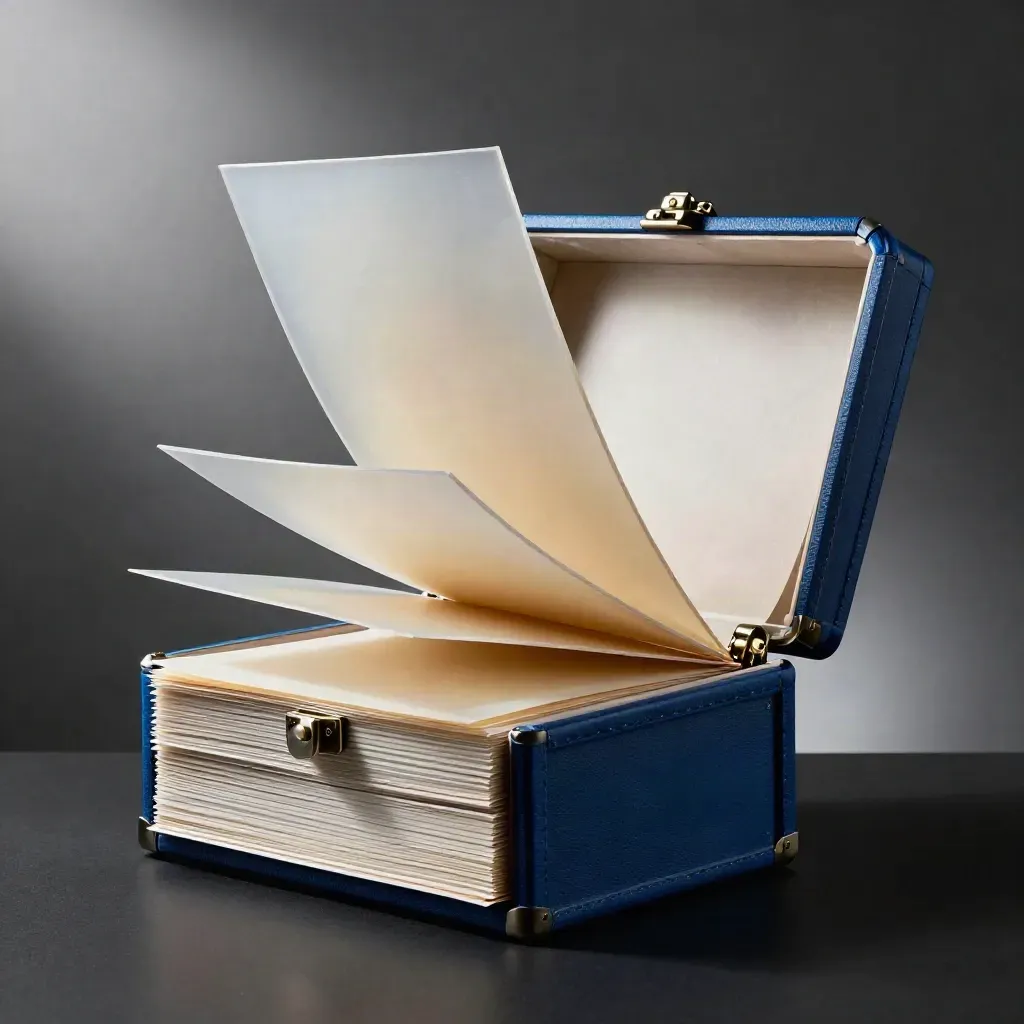 Opened bundle chest with layered sheets and electric-blue bands on a dark studio surface.