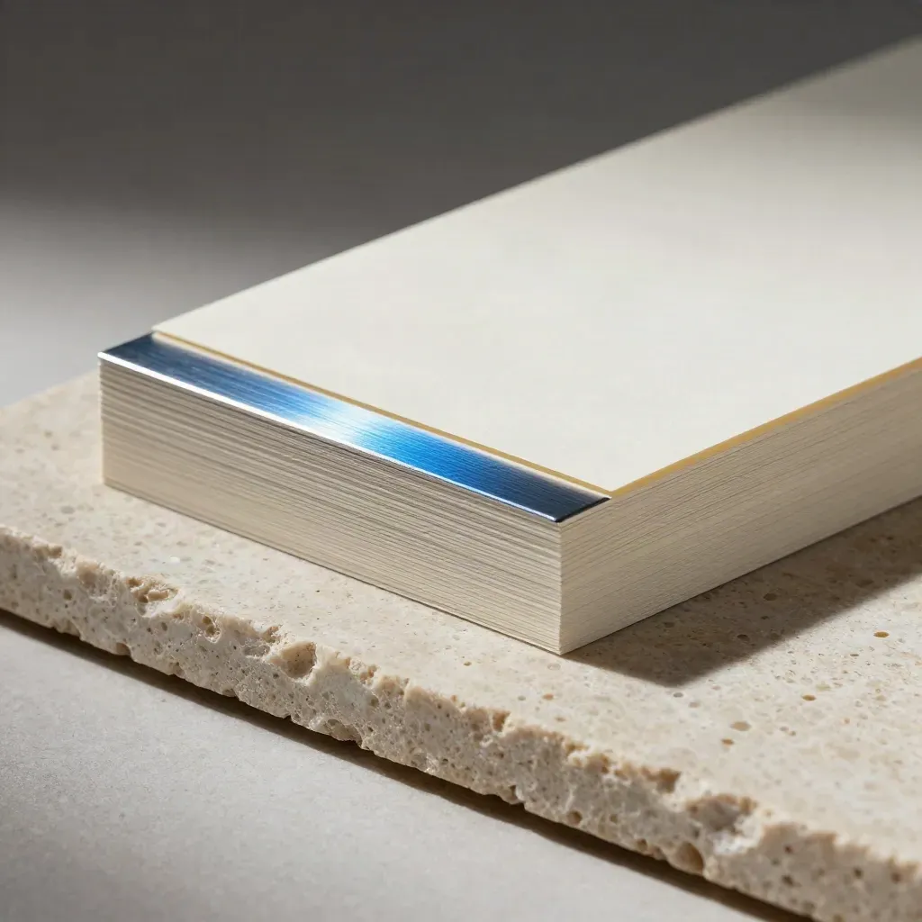 Top-down macro of a tightened report stack on pale stone with aluminum strip and blue glint.