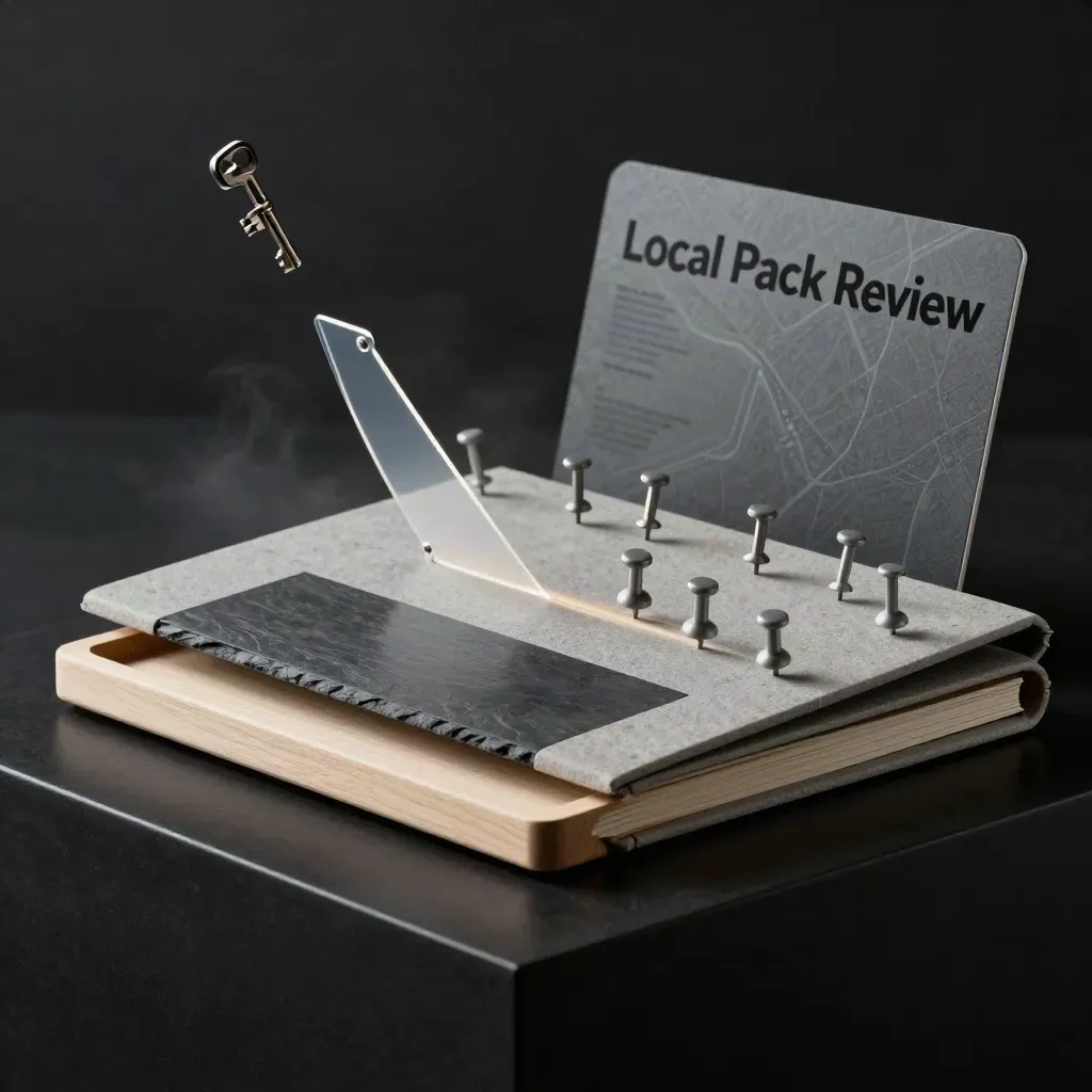 Stone-gray review folio with pin markers, pale wood tray, and dark studio haze