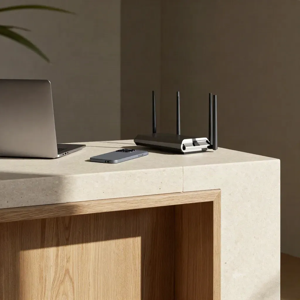 Sunlit limestone counter with laptop, phone and router beneath an oak shelf, calm copy space